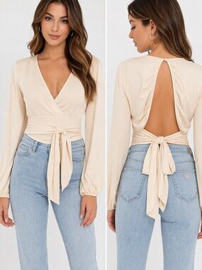 GUESS Cream Wrap Tie-Back Long Sleeve Top